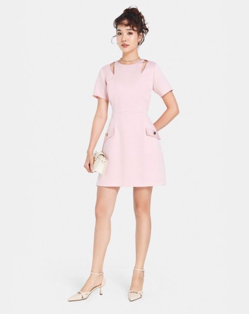 Đầm Mini Tay Ngắn Cut Out Vai màu hồng