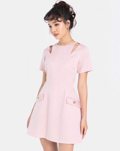 Đầm Mini Tay Ngắn Cut Out Vai màu hồng ảnh 2