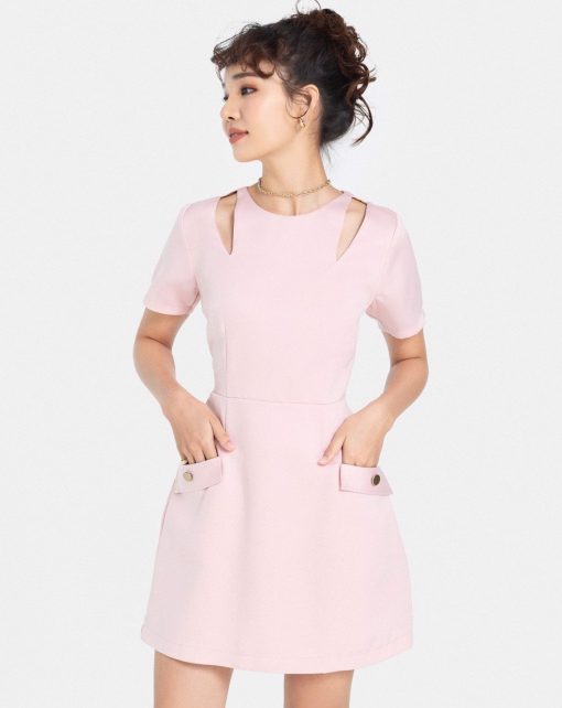 Đầm Mini Tay Ngắn Cut Out Vai màu hồng ảnh 3