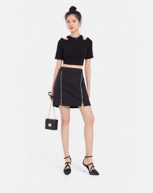 Váy Mini dáng A dây kéo kim loại màu đen