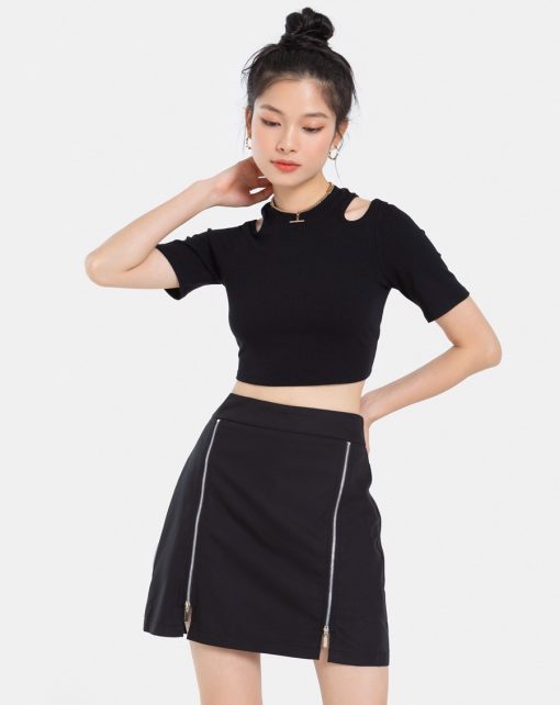 Váy Mini dáng A dây kéo kim loại màu đen ảnh 4
