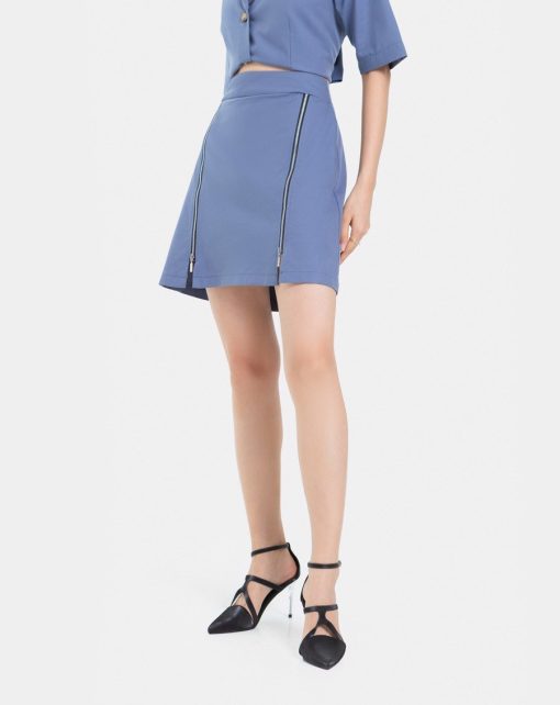 Váy Mini dáng A dây kéo kim loại màu xanh