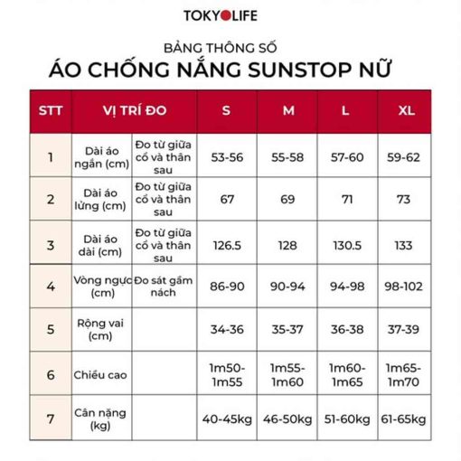 Bảng size áo chống nắng sunstop nữ Tokyolife