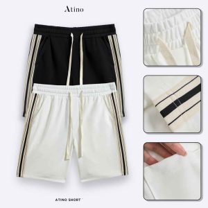 2 màu Quần short nam phối vải sọc kem đen Atino chất liệu polyester L.3.1676