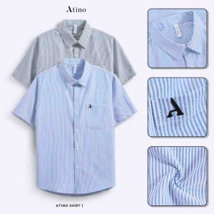 Áo sơ mi cộc tay Nam ATINO Vải Oxford Cotton Kẻ Sọc SM.L.2.4956