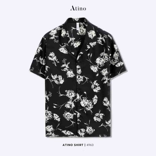 Áo sơ mi Cuban Shirt cộc tay nam ATINO vải lụa SM.L.2.4963 màu đen