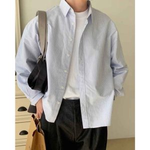 Áo sơ mi dài tay Nam ATINO vải Oxford Cotton kẻ sọc xanh SM.L.2.4469