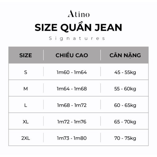 Bảng size quần Jean Atino