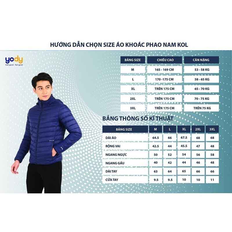 Bảng size áo khoác phao nam Yody