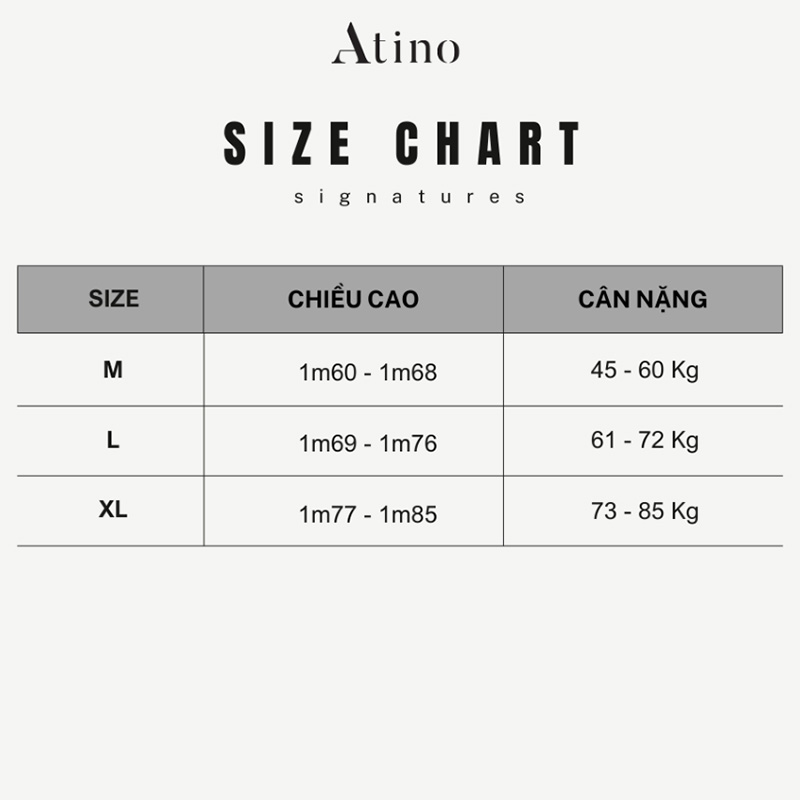 Bảng size áo phao nam Atino