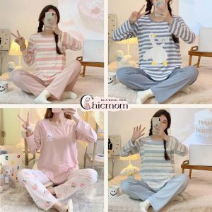 Bộ mặc bầu và sau sinh có nút mở áo cho con bú và nút điều chỉnh chun quần chất cotton