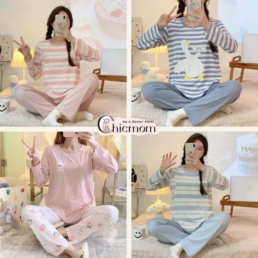 Bộ mặc bầu và sau sinh có nút mở áo cho con bú và nút điều chỉnh chun quần chất cotton
