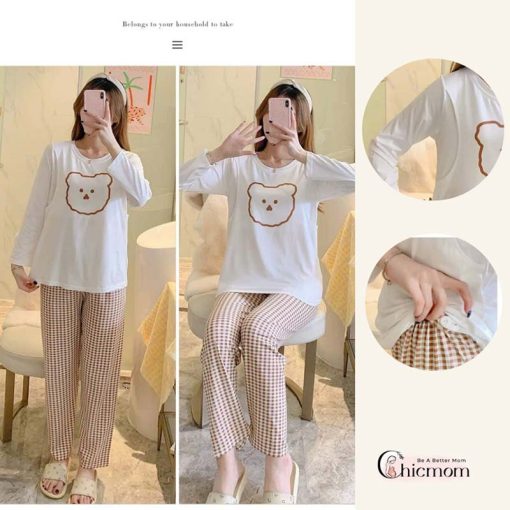 Bộ mặc bầu và sau sinh có nút mở áo cho con bú áo trắng quần kẻ