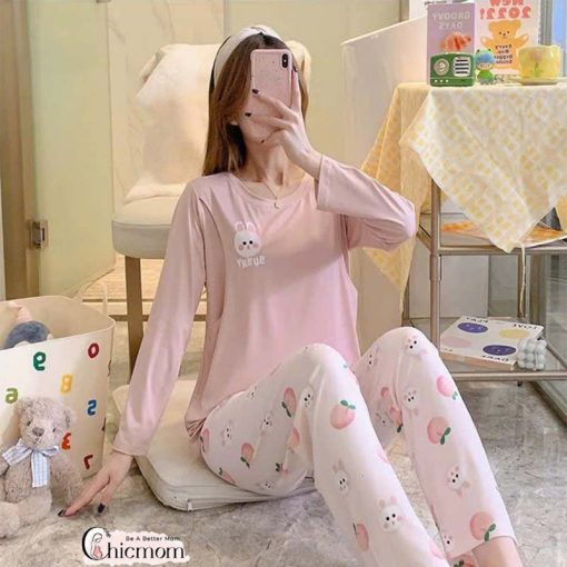 Bộ mặc bầu và sau sinh có nút mở áo cho con bú áo hồng quần quả
