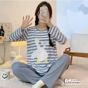 Bộ mặc bầu và sau sinh có nút mở áo cho con bú áo kẻ xanh ngang - 300