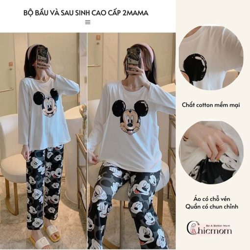 Bộ mặc bầu và sau sinh có nút mở áo cho con bú áo mickey trắng