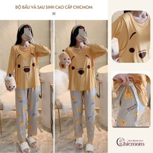 Bộ mặc bầu và sau sinh có nút mở áo cho con bú áo vàng mặt cười - 300