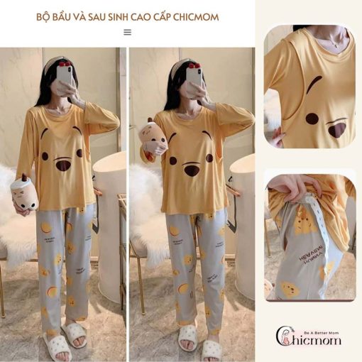 Bộ mặc bầu và sau sinh có nút mở áo cho con bú áo vàng mặt cười