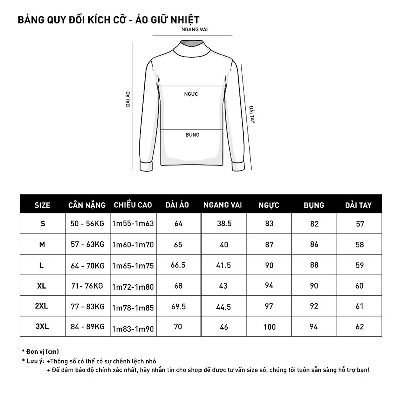 Bảng size áo giữ nhiệt Bảng size áo giữ nhiệt