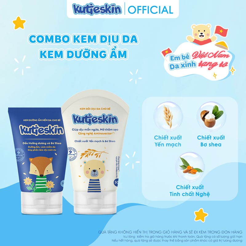Combo Kem dưỡng ẩm và Kem dịu da Kutieskin cho bé - KKA01+KDD02 Combo Kem dưỡng ẩm và Kem dịu da Kutieskin cho bé - KKA01+KDD02