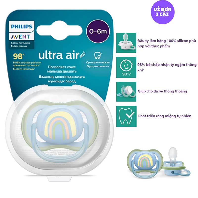 Núm ti giả Philips Avent ty ngậm Avent Ultra Air 0-6M Vỉ Đơn Có Chỉnh Nha hình cầu vồng vỉ đơn 1 cái Núm ti giả Philips Avent ty ngậm Avent Ultra Air 0-6M Vỉ Đơn Có Chỉnh Nha hình cầu vồng vỉ đơn 1 cái