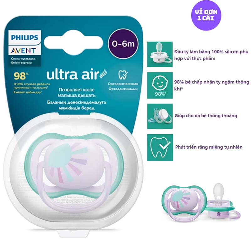 Núm ti giả Philips Avent ty ngậm Avent Ultra Air 0-6M Vỉ Đơn Có Chỉnh Nha hình mặt trời vỉ đơn 1 cái Núm ti giả Philips Avent ty ngậm Avent Ultra Air 0-6M Vỉ Đơn Có Chỉnh Nha hình mặt trời vỉ đơn 1 cái