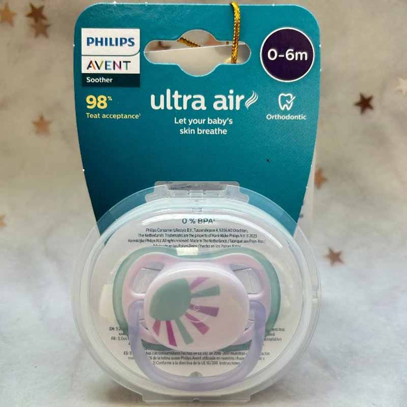 Núm ti giả Philips Avent ty ngậm Avent Ultra Air 0-6M Vỉ Đơn Có Chỉnh Nha hình mặt trời Núm ti giả Philips Avent ty ngậm Avent Ultra Air 0-6M Vỉ Đơn Có Chỉnh Nha hình mặt trời